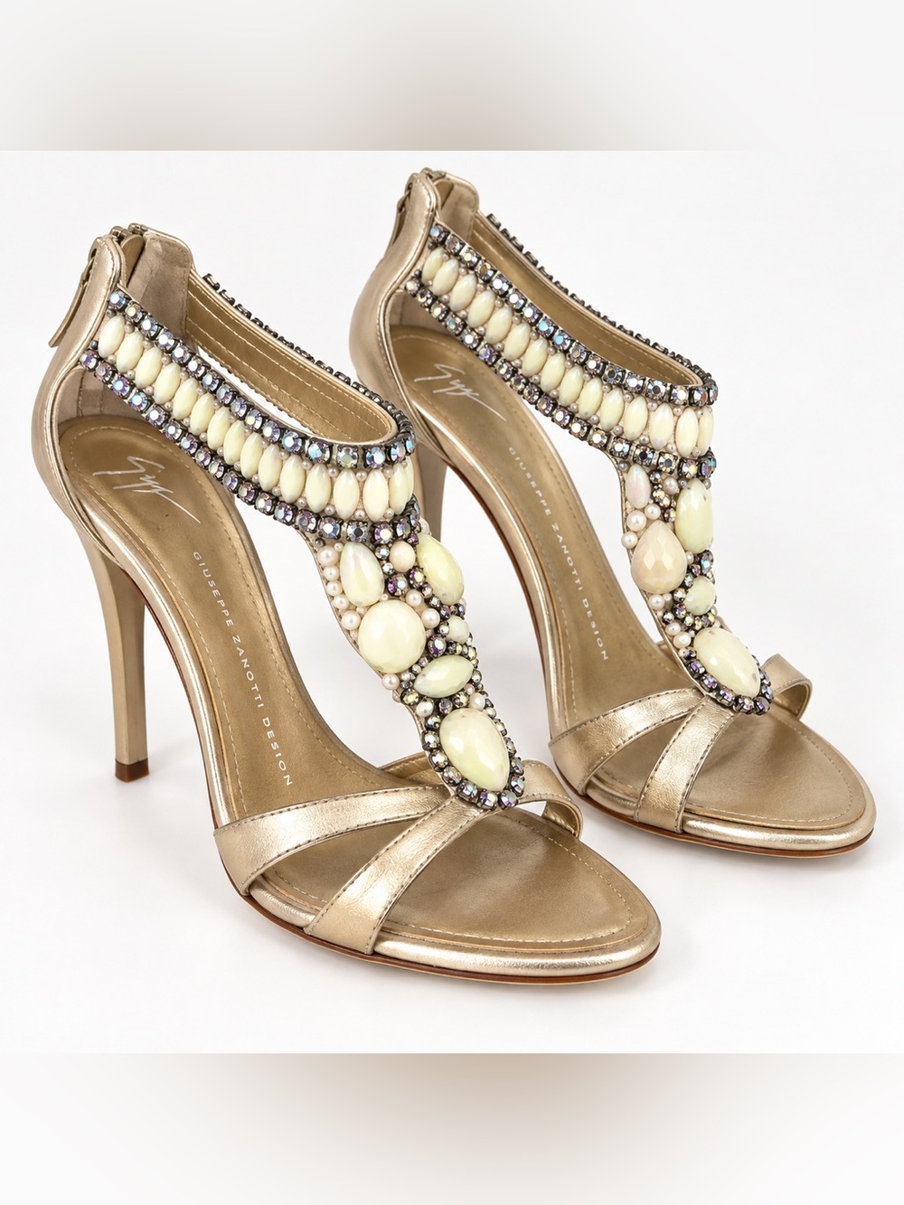 Giuseppe Zanotti Cream Jeweled T-Strap Stiletto Sandals